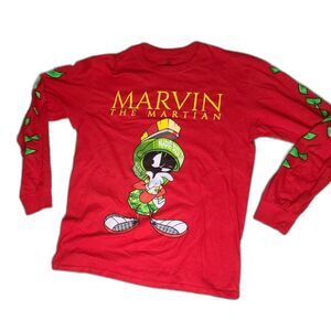 Looney Tunes Graphic T Shirt Size Medium Marvin Martian Long Sleeve Red M Cotton
